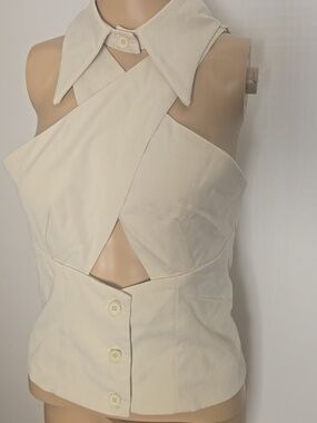 Sleeveless Cream Cross-Front Halter Dress with Collar - Small